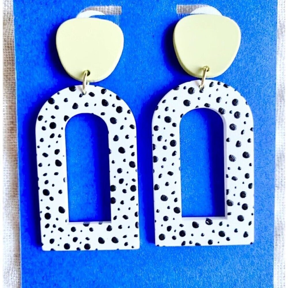 New Green White Black Dalmatian Dot Retro 80s Style Matte Finish Earrings 2.50"
